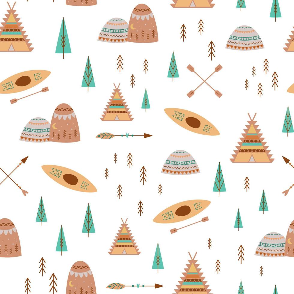 Mountain, trees, camp pattern in cute boho style. Teepee tent, kayak, adventure seamless pattern for kids camping illustration. Cartoon vector doodles hand drawn camping background in pastel colors.