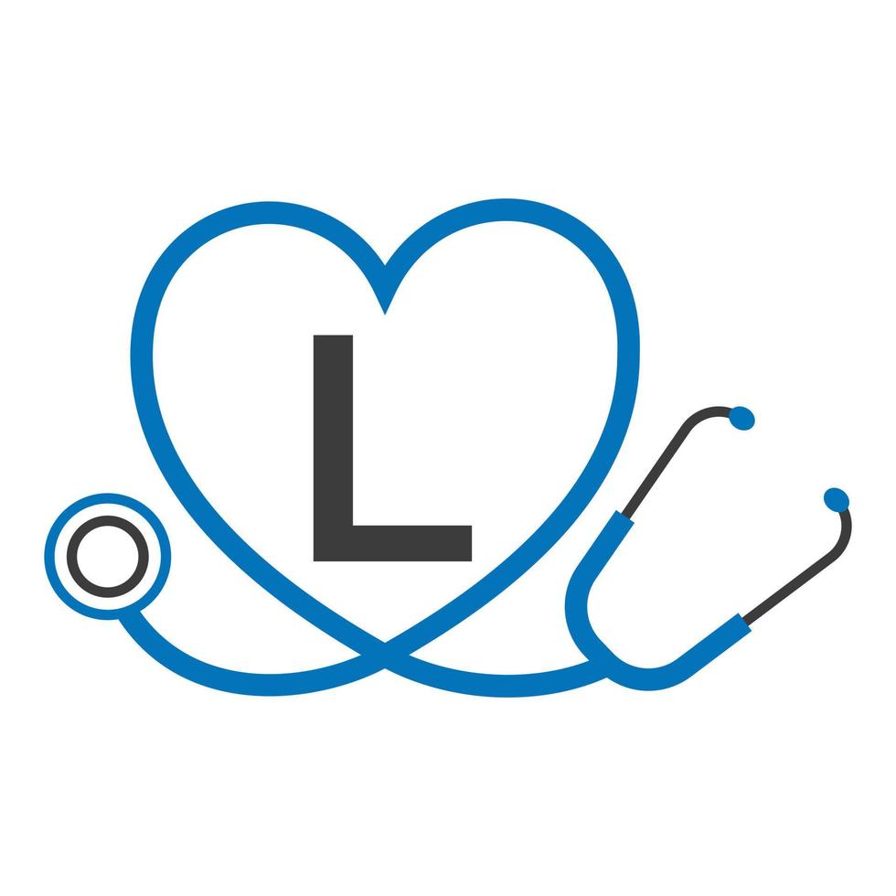 logotipo médico en la plantilla de letra l. logotipo de médicos con vector de signo de estetoscopio