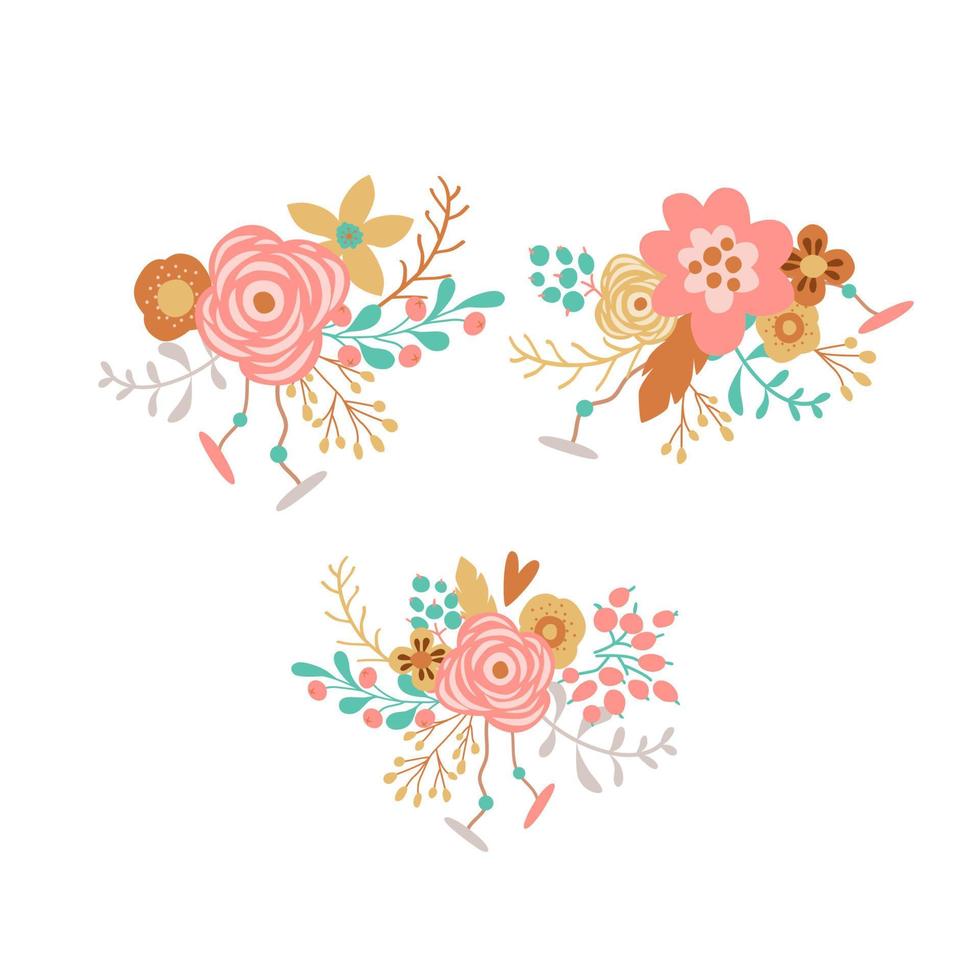 las flores rosas boho establecen elementos gráficos aislados. ramo floral bohemio dibujado a mano. rosas rosadas, ramas verdes, hojas, bayas. ilustración de vector de boda bohemia. colección de flores rosas.