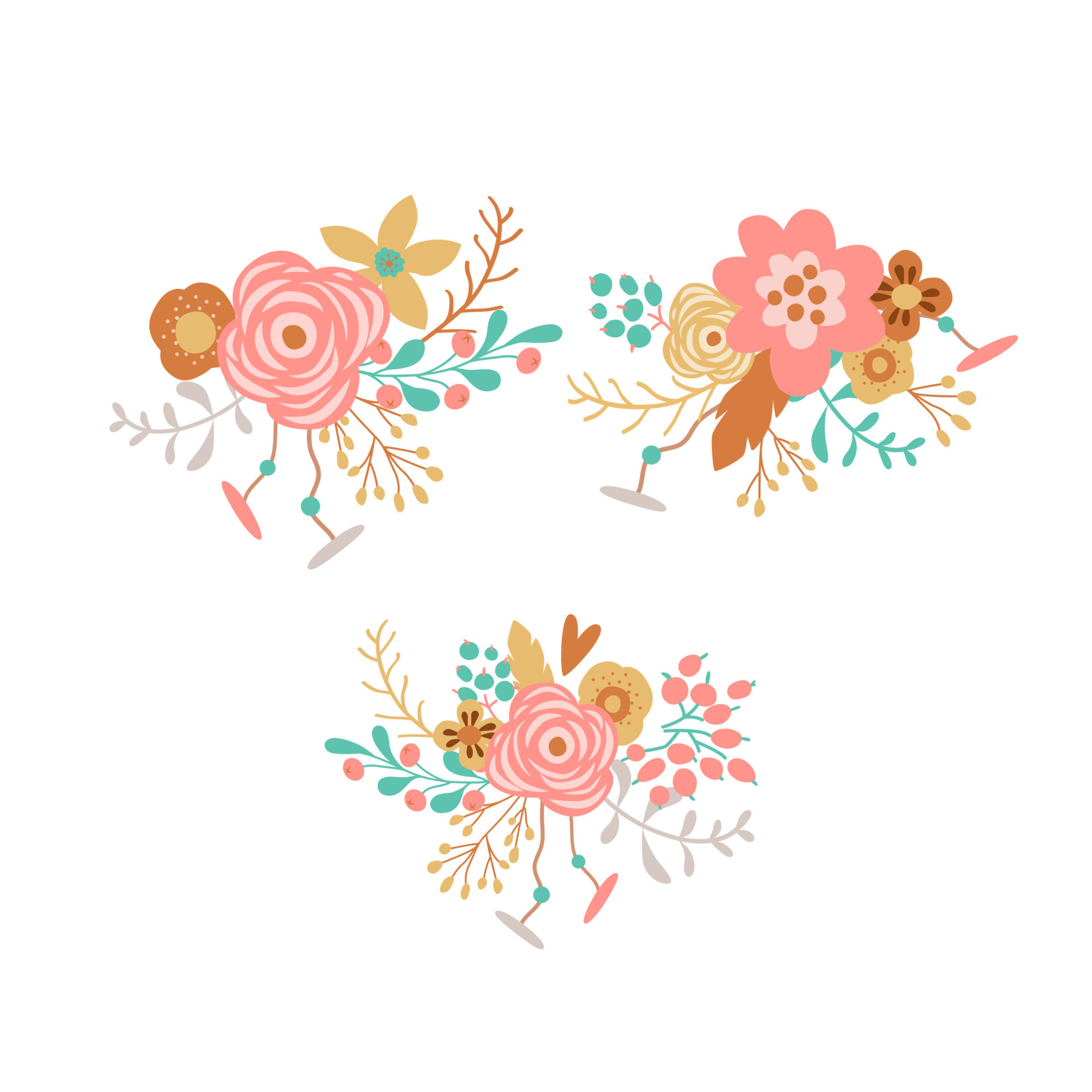 Boho pink flowers set isolated graphic elements. Hand drawn bohemian