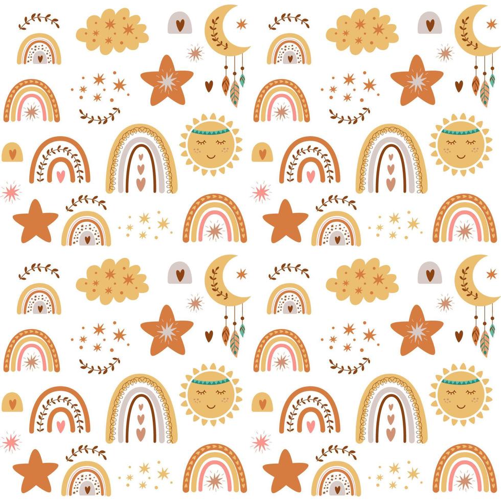 Baby rainbow pattern. Baby tribal pattern. Cute kids nursery seamless background. Cute cloud, stars, sun, boho moon, kids neutral paper. Bohemian baby vector illustration. Hand drawn pastel rainbows.