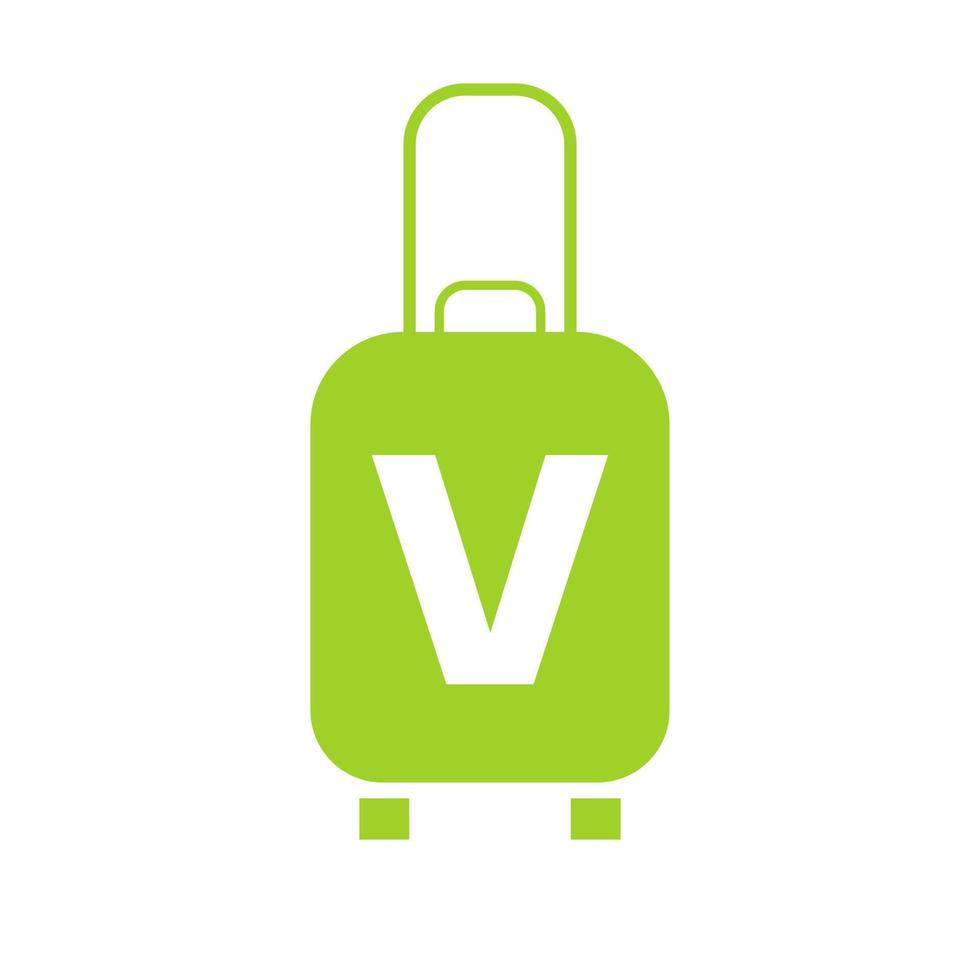 logotipo de viaje de la letra v. bolsa de viaje avión de vacaciones con bolsa tour y vector de logotipo de empresa de turismo