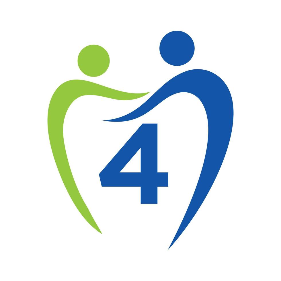 logotipo de la clínica de odontología en el concepto de la letra 4. símbolo de cuidado dental familiar. signo de logotipo de dentista dental vector