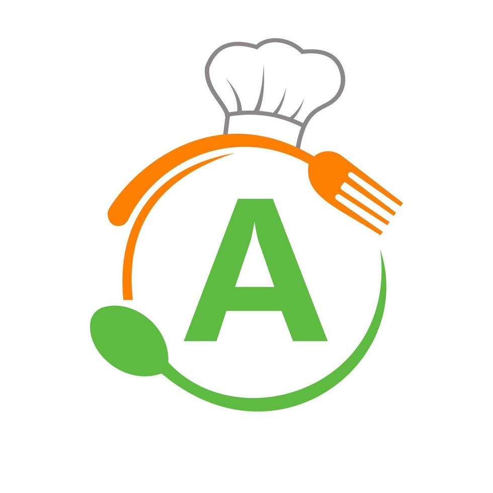 letra un logo con sombrero de chef, cuchara y tenedor para el logo del restaurante. logotipo de restaurante vector