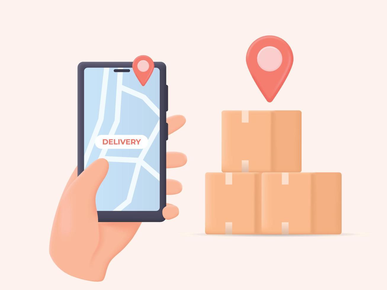 Hand holding mobile smart phone with app delivery tracking 3D illustration vector