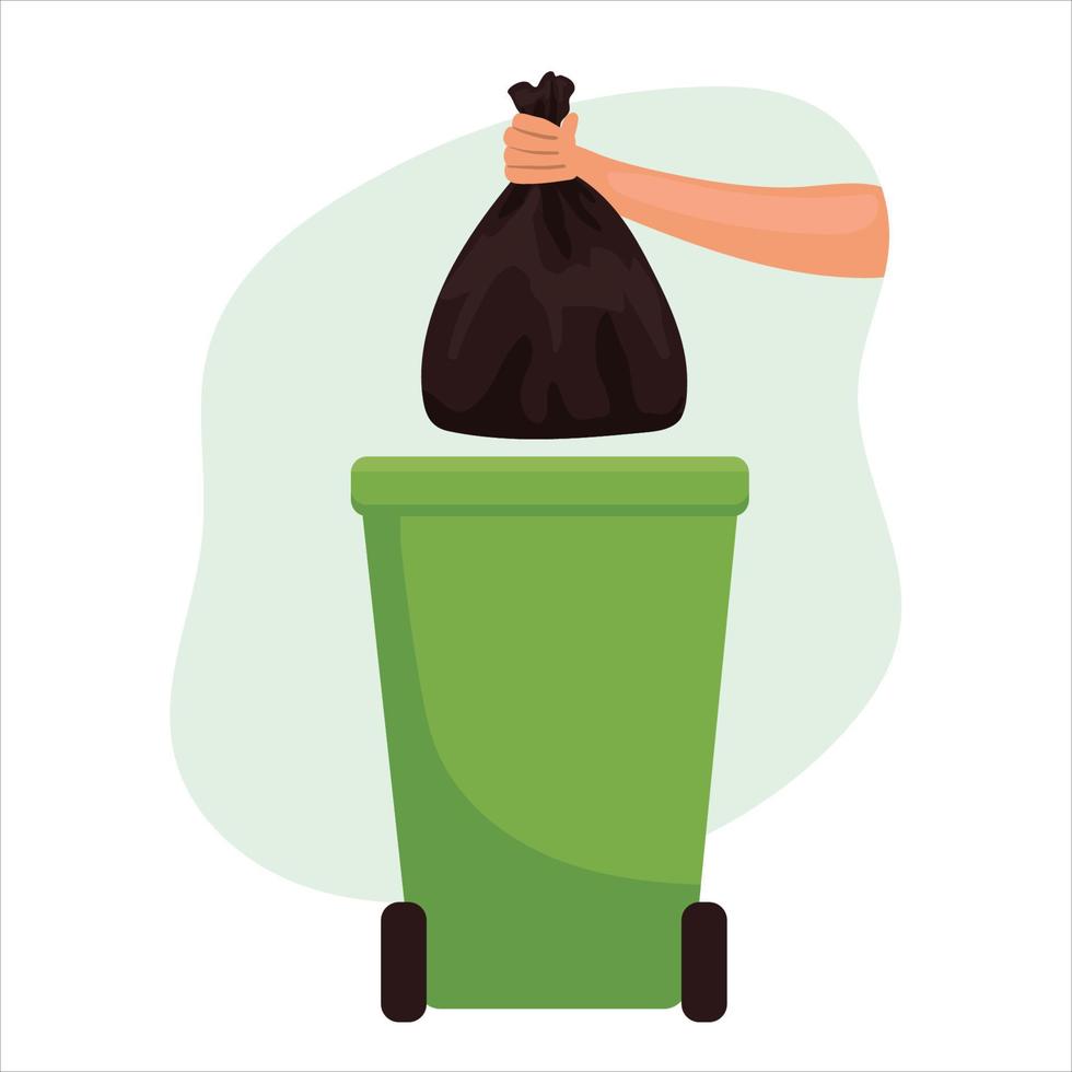 Hands holding garbage bags and trash bins, recycled icons, with a blue background flat design vector illustration,