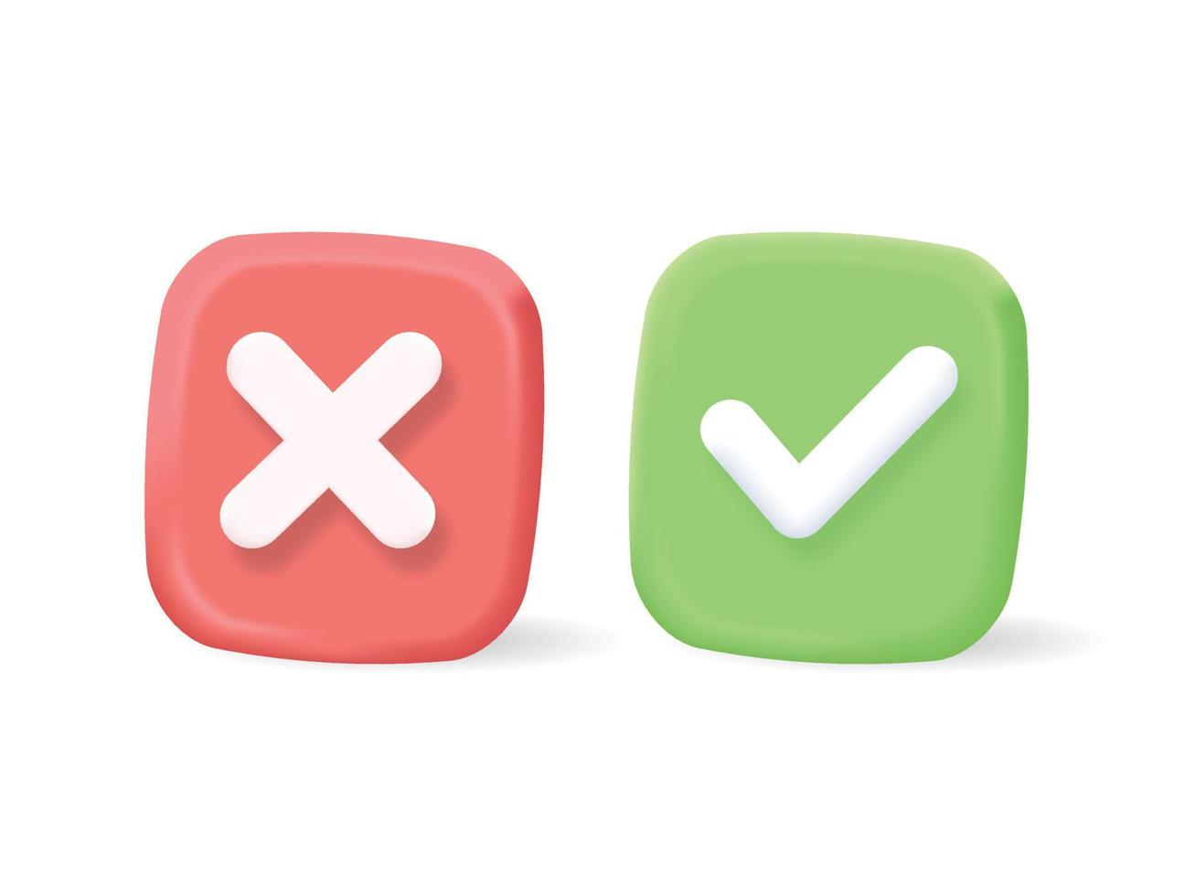 3D Green tick check mark and cross mark symbol accepted and rejected vector