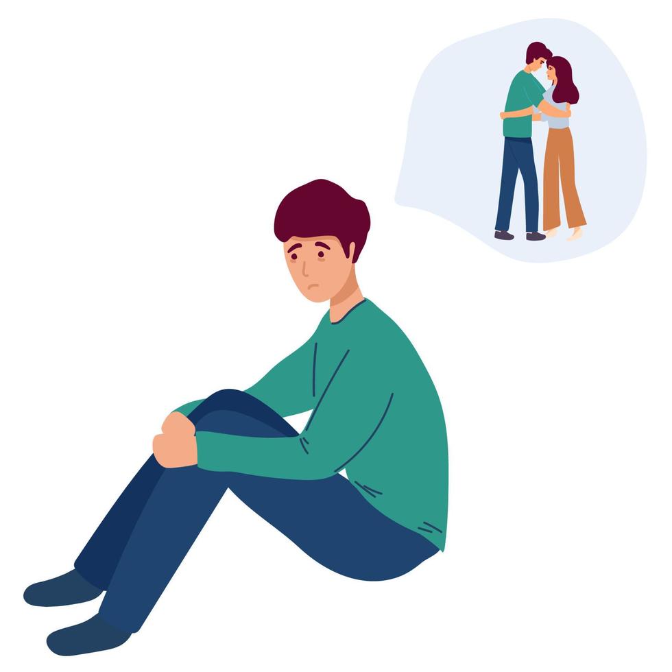 el hombre recuerda las relaciones y el amor con una mujer, la separación que anhela el amor. ilustración vectorial plana. concepto de relación y atención médica para banner, diseño de sitio web o página web de inicio. vector