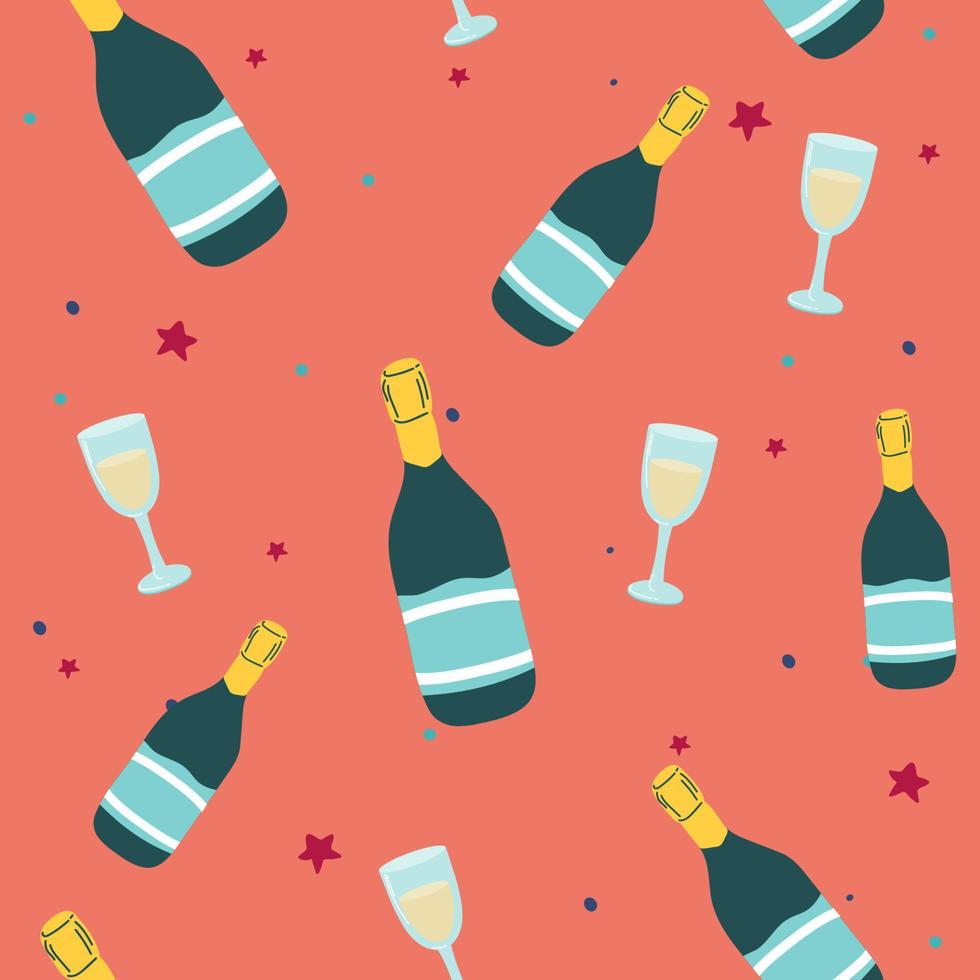 Champagne, Prosecco, Cava Celebration, New Year, Seamless Vector Pattern, Background