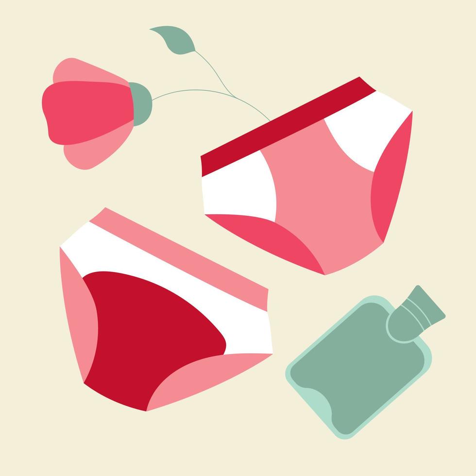 Set of stylish female panties for menstruation. Illustration of a pair of accessories. Menstruation concept. Flat vector. vector