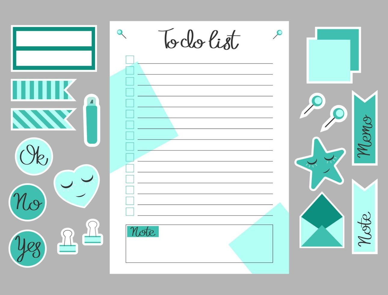 conjunto de lista de tareas y pegatinas. plantilla para agenda, planificadores, listas de verificación, cuadernos, tarjetas y otros artículos de papelería. plantilla de planificador de eventos. diseño en a6. vector