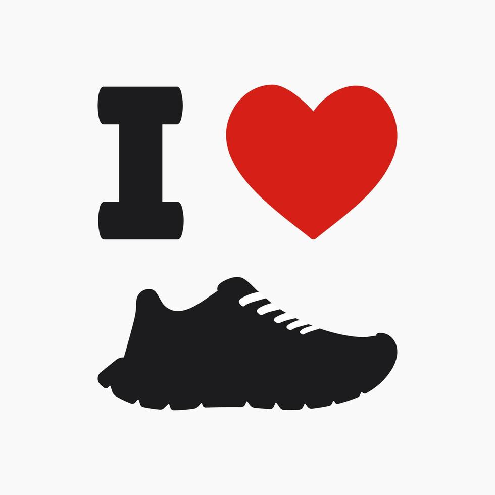 I love sneakers sign with red shape heart. Black sneakers on white background. Isolated vector illustration.