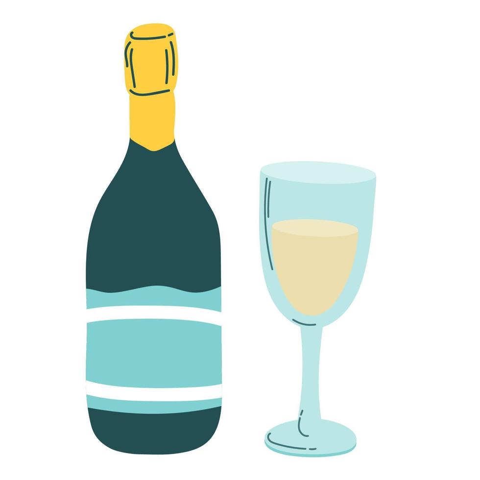 A bottle of champagne with a wineglass. Celebration party carnival festive icons set vector