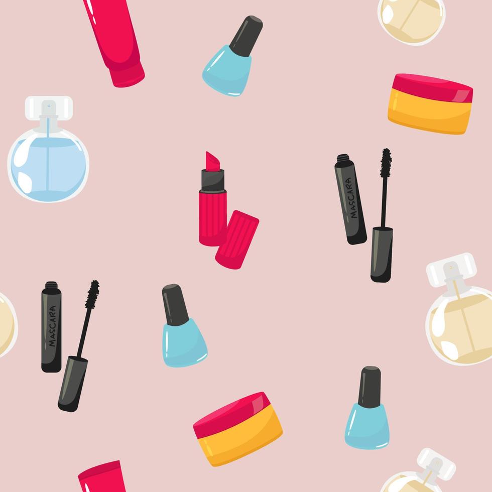 Makeup, perfume, cosmetics seamless pattern. Nail polish, mascara, lipstick, eye shadows, brush, powder, lip gloss, lips vector