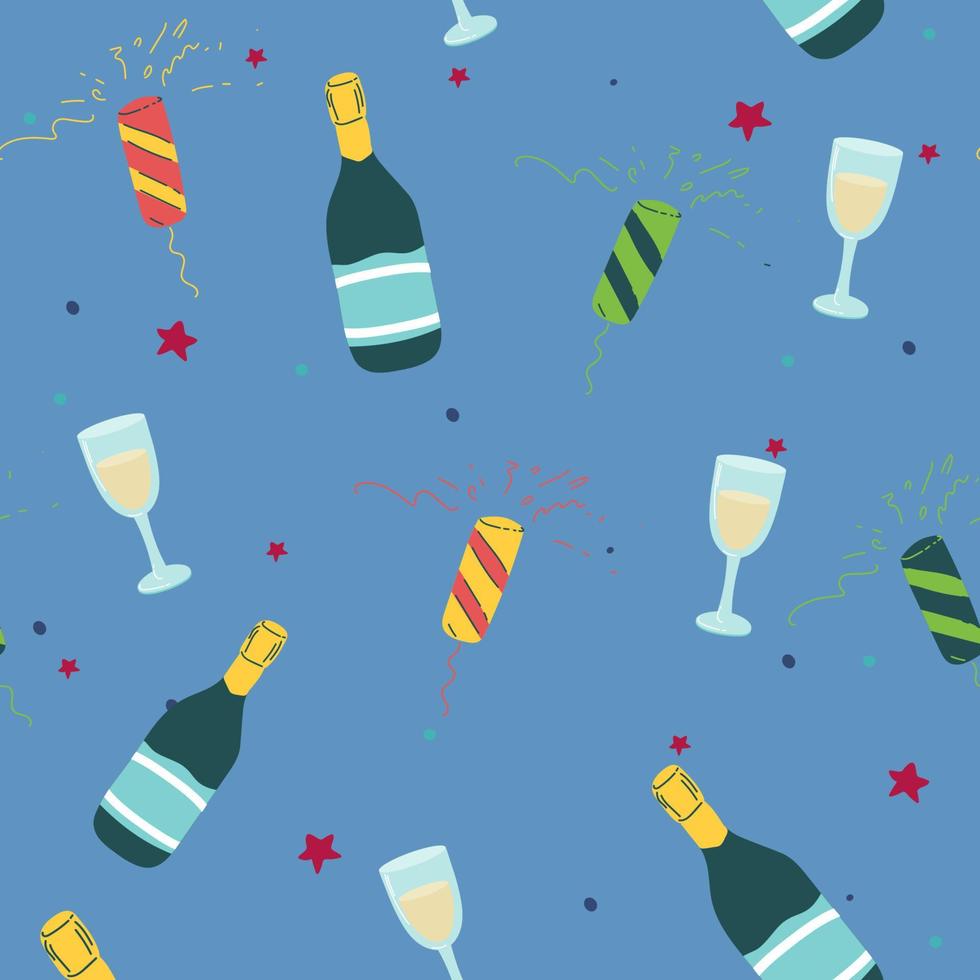 champán, prosecco, celebración de cava, año nuevo, patrón vectorial sin costuras, fondo. vector