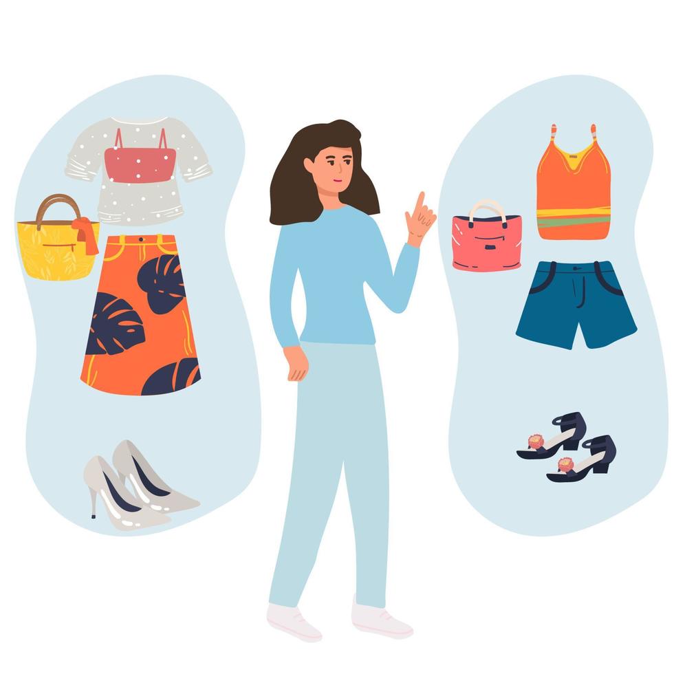 Smiling woman choosing what clothes for wearing vector flat illustration. Happy modern female making choice between casual clothing stylish outfit isolated. Daily decision outerwear,