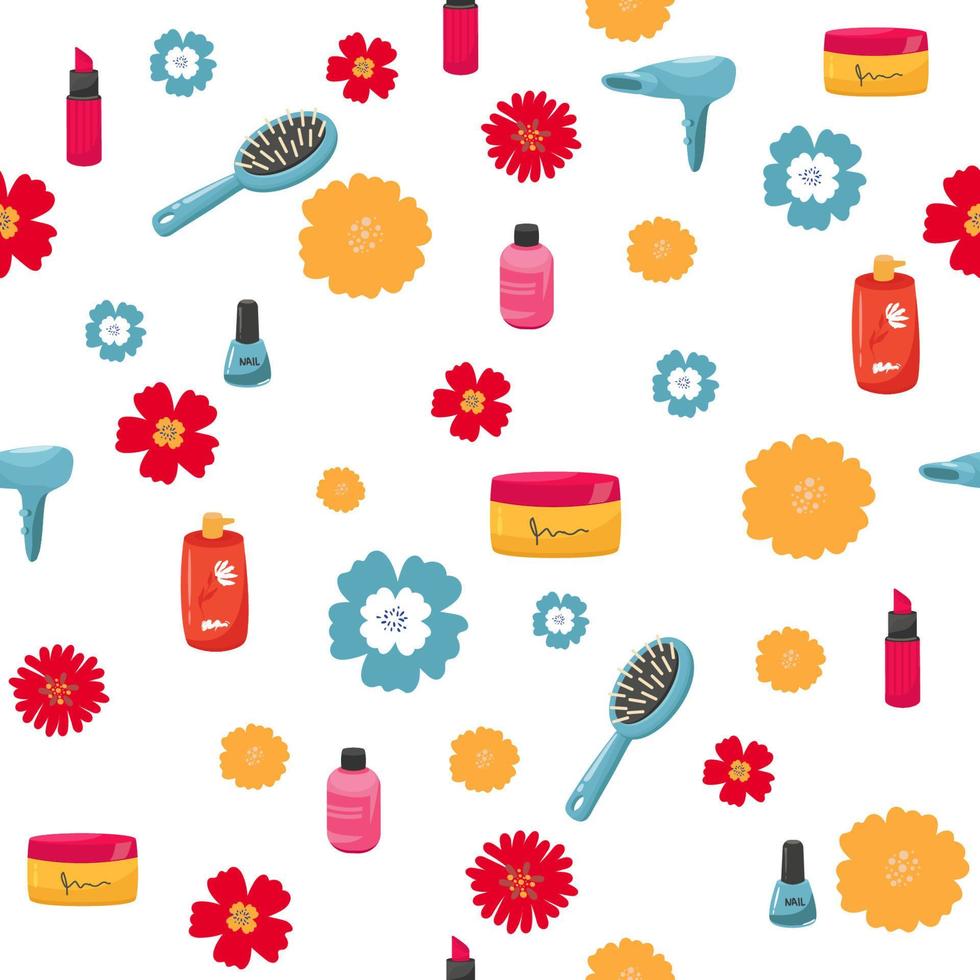 Makeup seamless pattern. Illustrations of different cosmetics. Lipstick and pomade glamour vector background