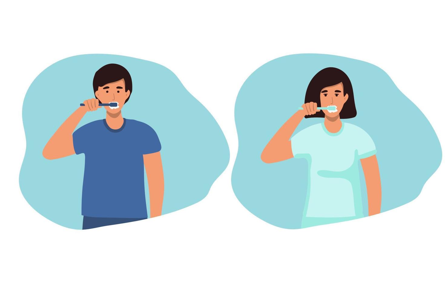 woman, man brushing his teeth. Vector illustration of a flat design. teeth cleaning, healthy teeth. concept.