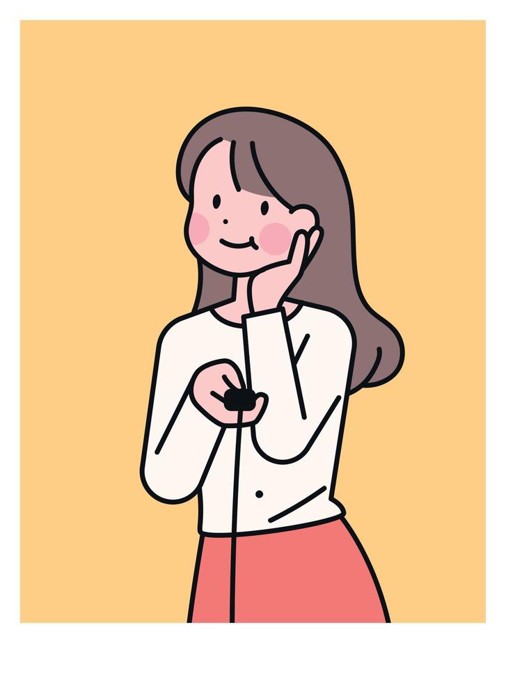 A woman taking a selfie with a camera switch in her hand. Cute pose with hands on face. vector