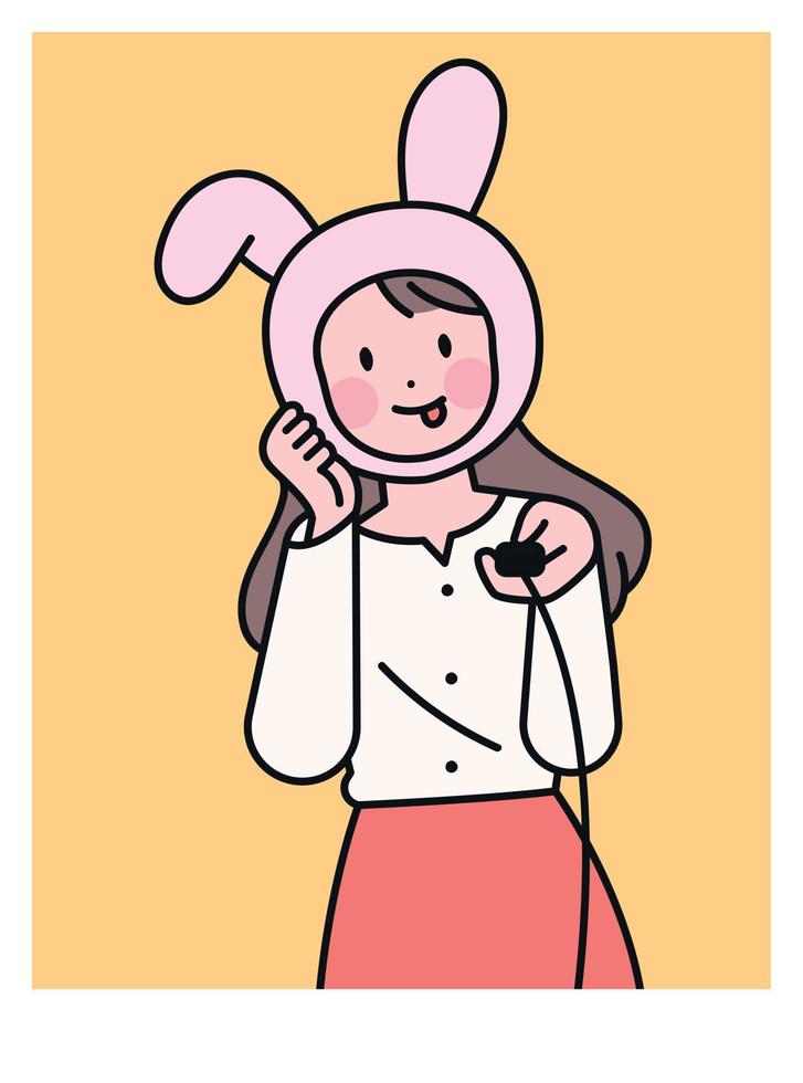 A woman taking a selfie with a camera switch in her hand. cute rabbit mask. vector