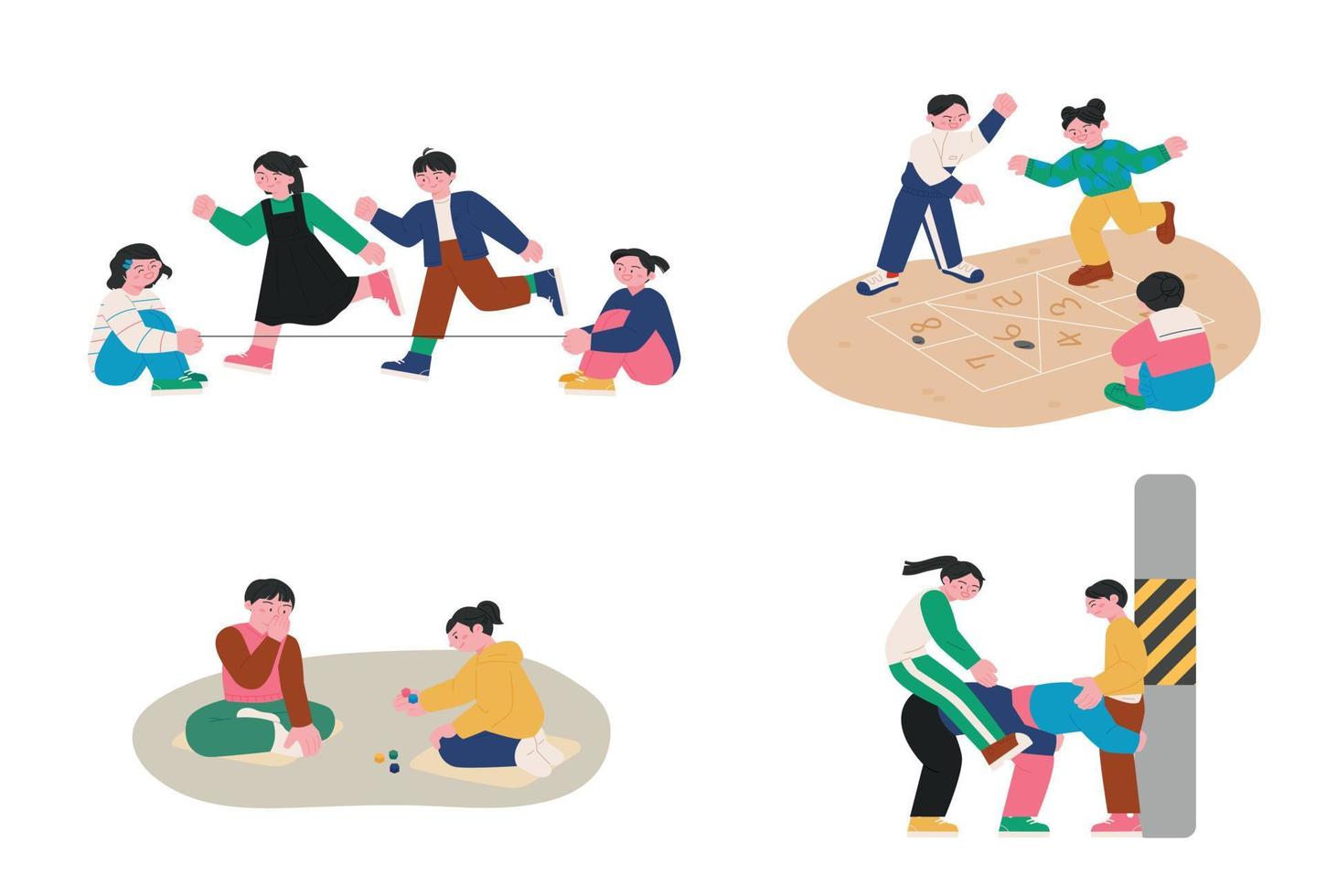 Korean childhood games. Jumping rope, hopscotch, five-stone game, pile driving. vector