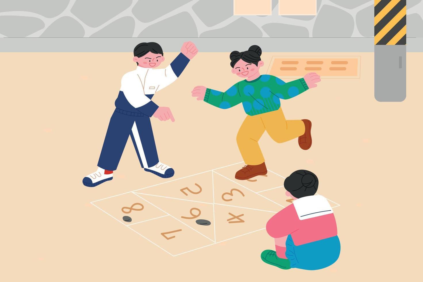 Juegos infantiles coreanos. los niños dibujan líneas en el suelo y juegan a la rayuela. vector