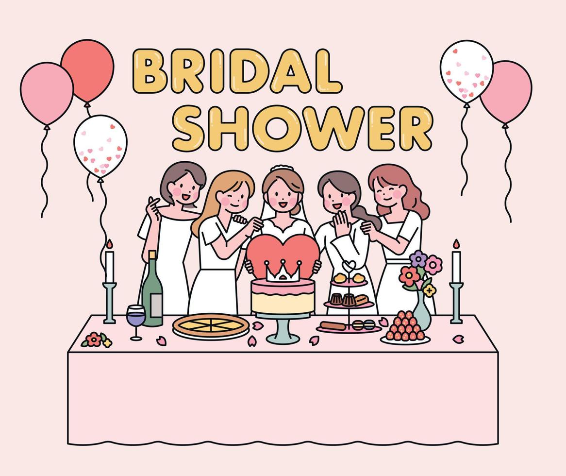 Bridal shower post card. Friends in white dresses are having a celebration party for the bride. vector