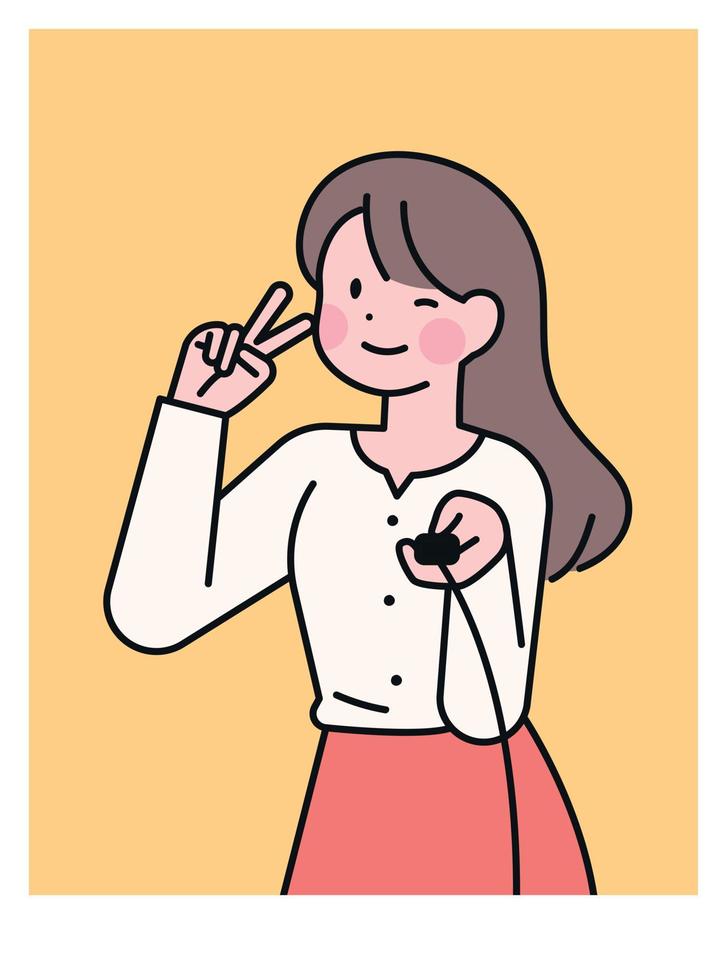A woman taking a selfie with a camera switch in her hand. finger v pose vector