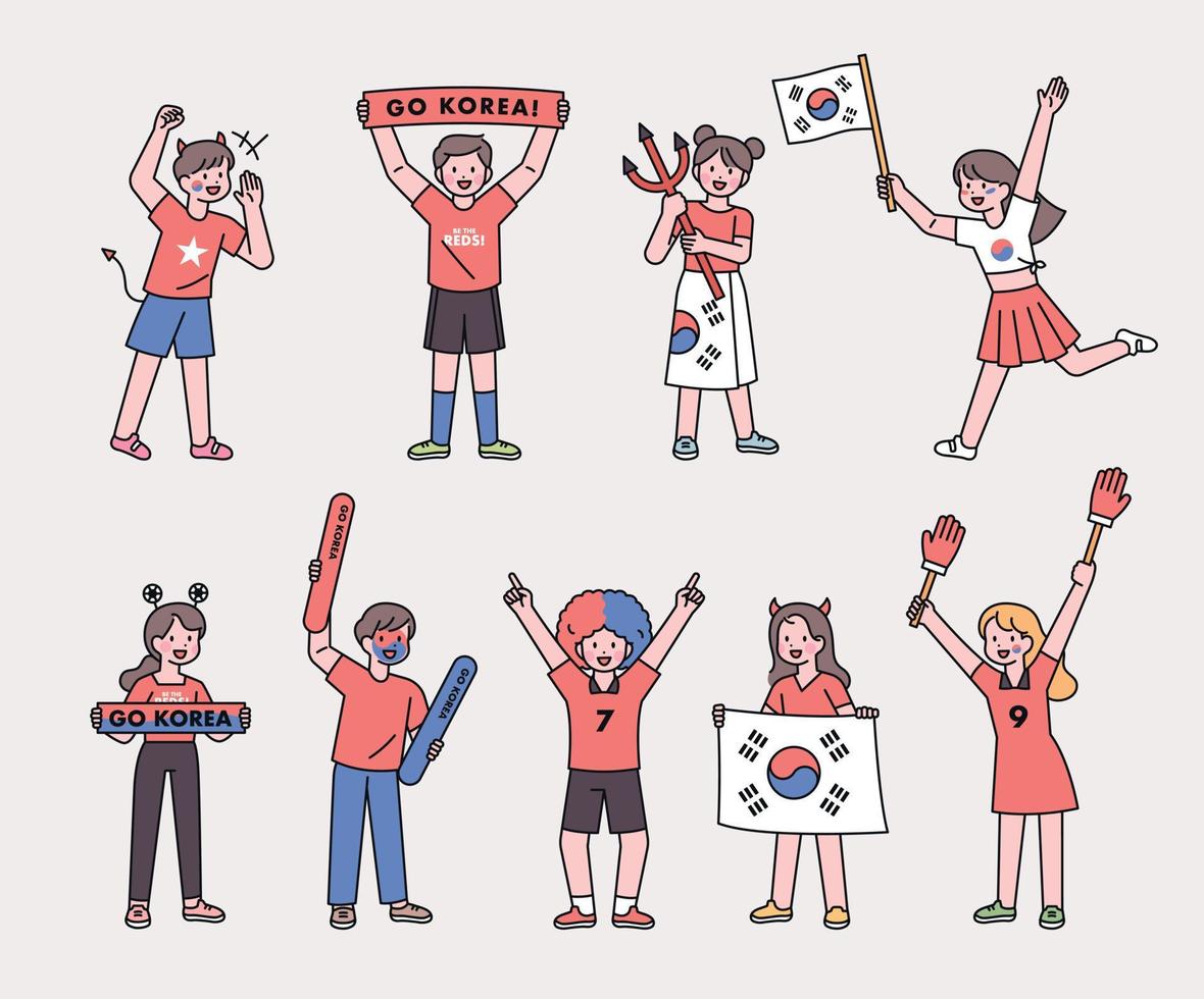 Korea's soccer cheering team Red Devils supporters. A collection of avatars in different styles. vector