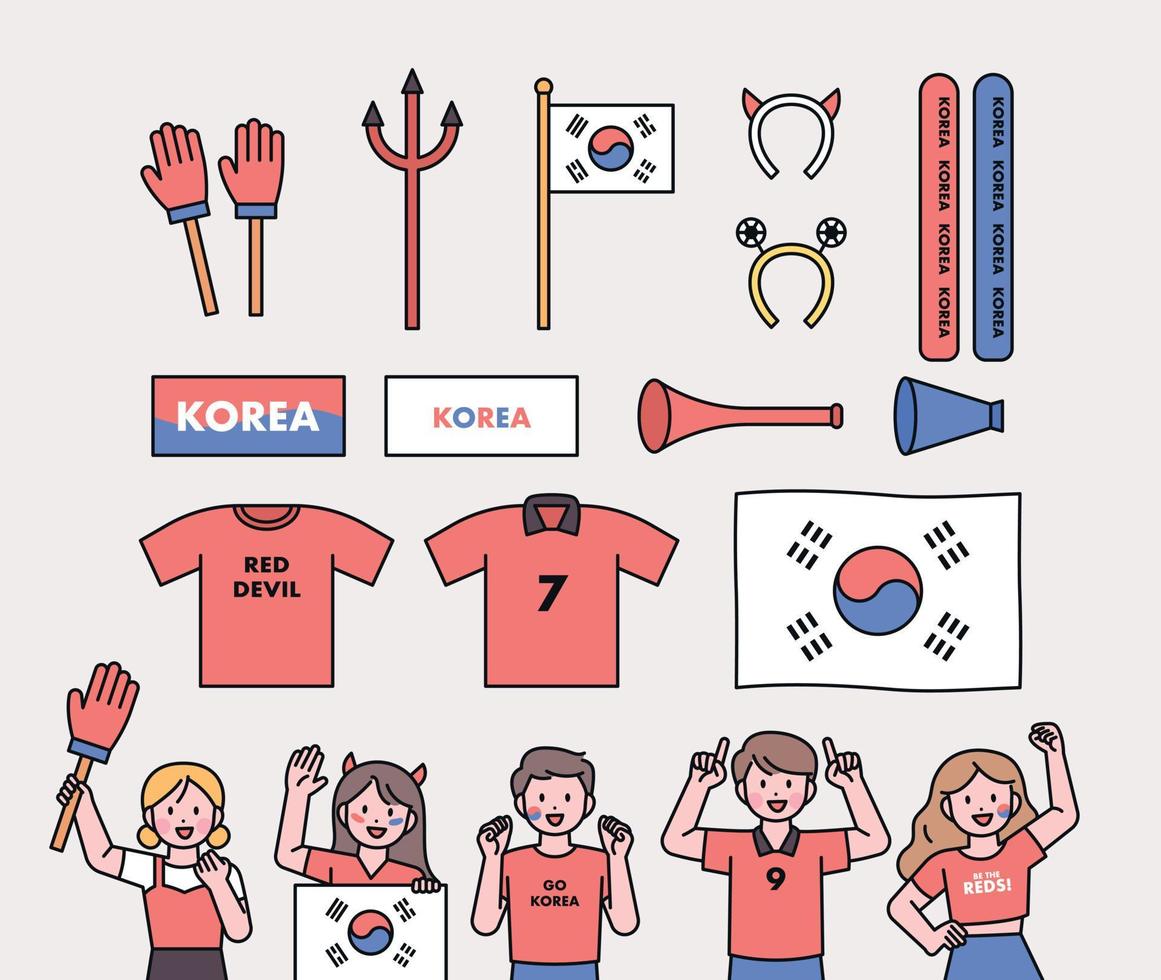 Korea's soccer cheering team Red Devils supporters. Supporting items and fans cheering. vector