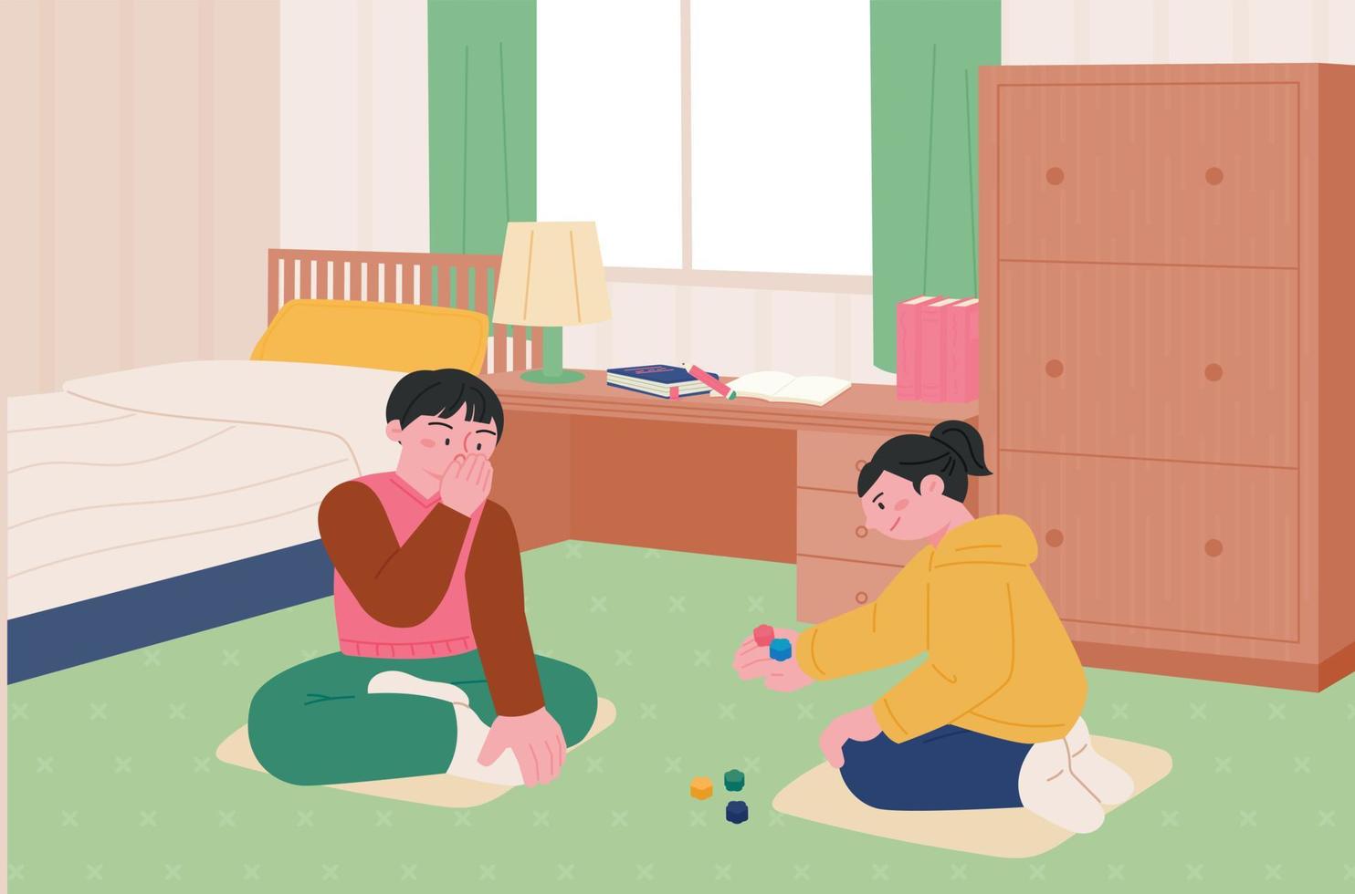 Juegos infantiles coreanos. niños sentados en la habitación y jugando el juego de las cinco piedras. vector