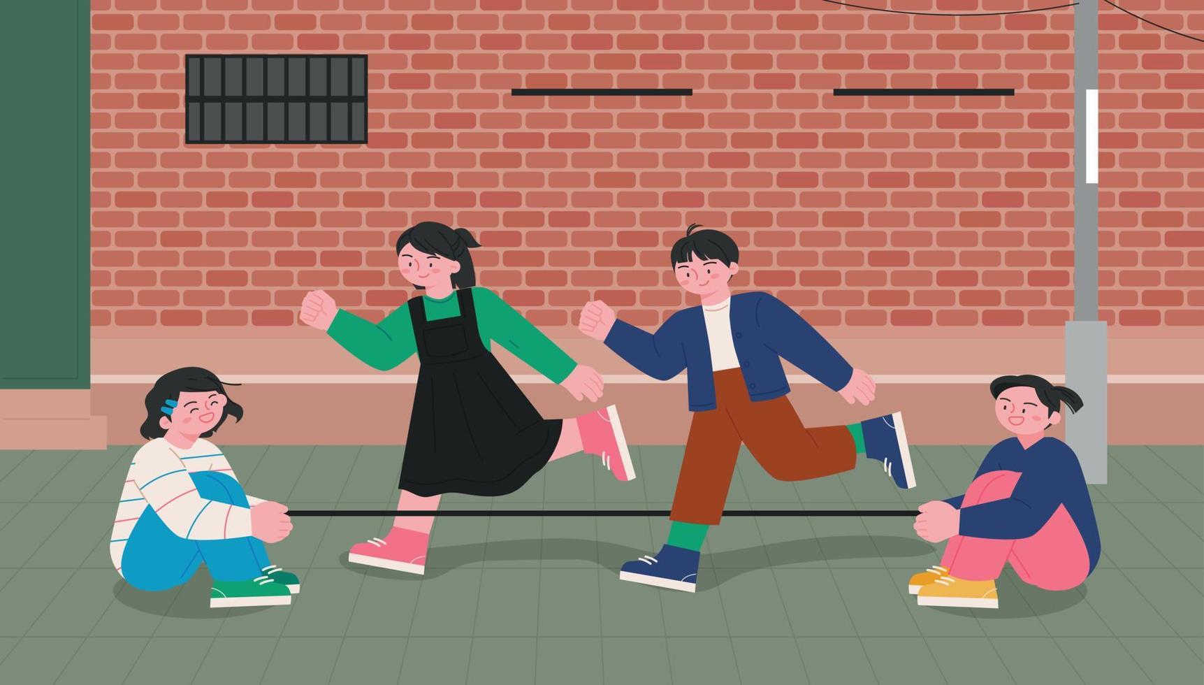 Juegos infantiles coreanos. niños con gomas elásticas y niños saltando y bailando con gomas elásticas. vector