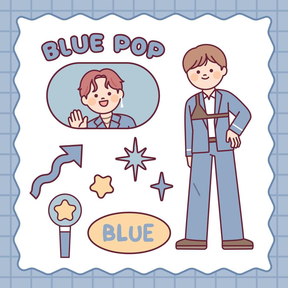 A cute K-pop boy idol character. Photo card and light stick. blue color vector