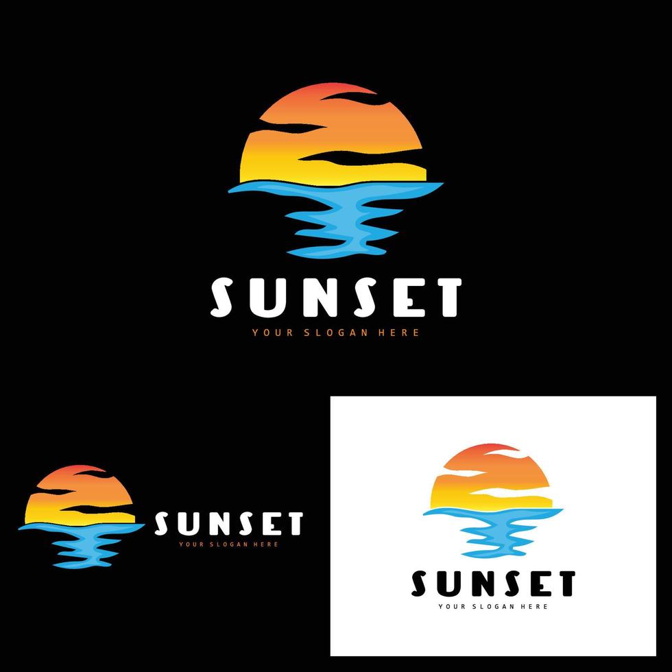 logotipo de puesta de sol, diseño de playa, ilustración de río y sol, vector disfrutando del crepúsculo