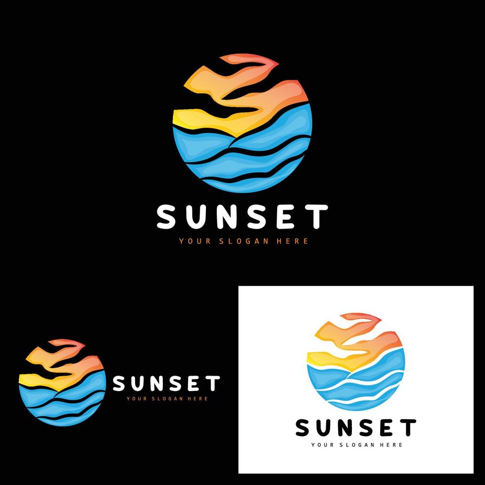 logotipo de puesta de sol, diseño de playa, ilustración de río y sol, vector disfrutando del crepúsculo