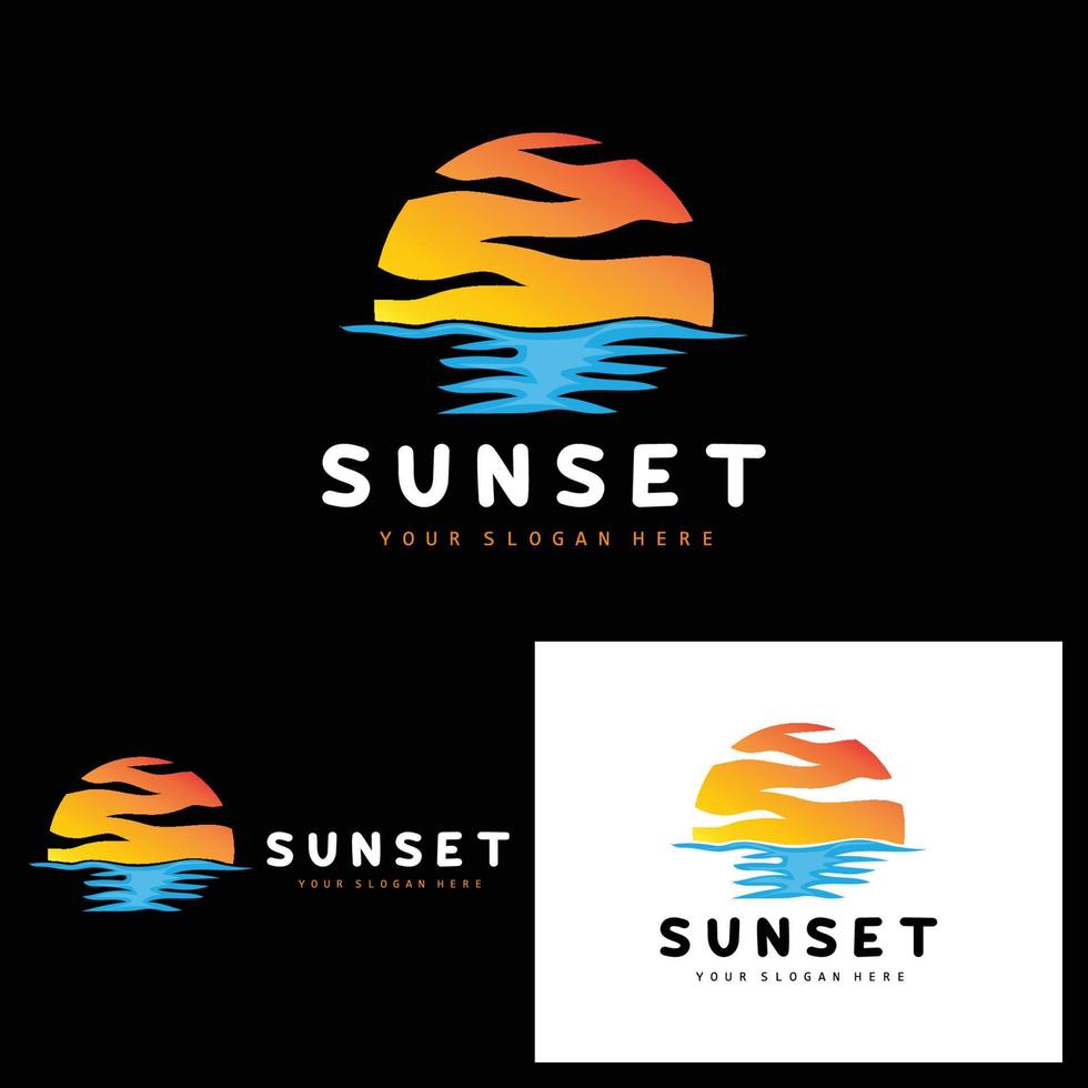 logotipo de puesta de sol, diseño de playa, ilustración de río y sol, vector disfrutando del crepúsculo