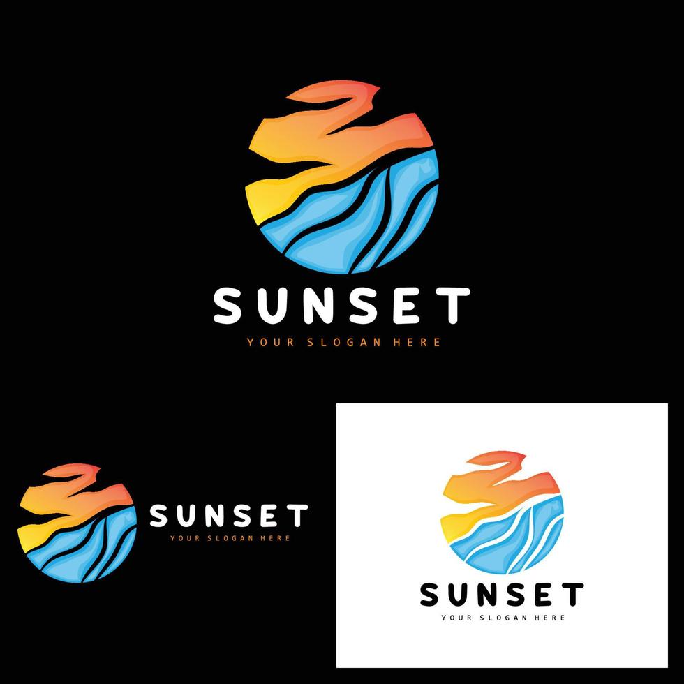 logotipo de puesta de sol, diseño de playa, ilustración de río y sol, vector disfrutando del crepúsculo