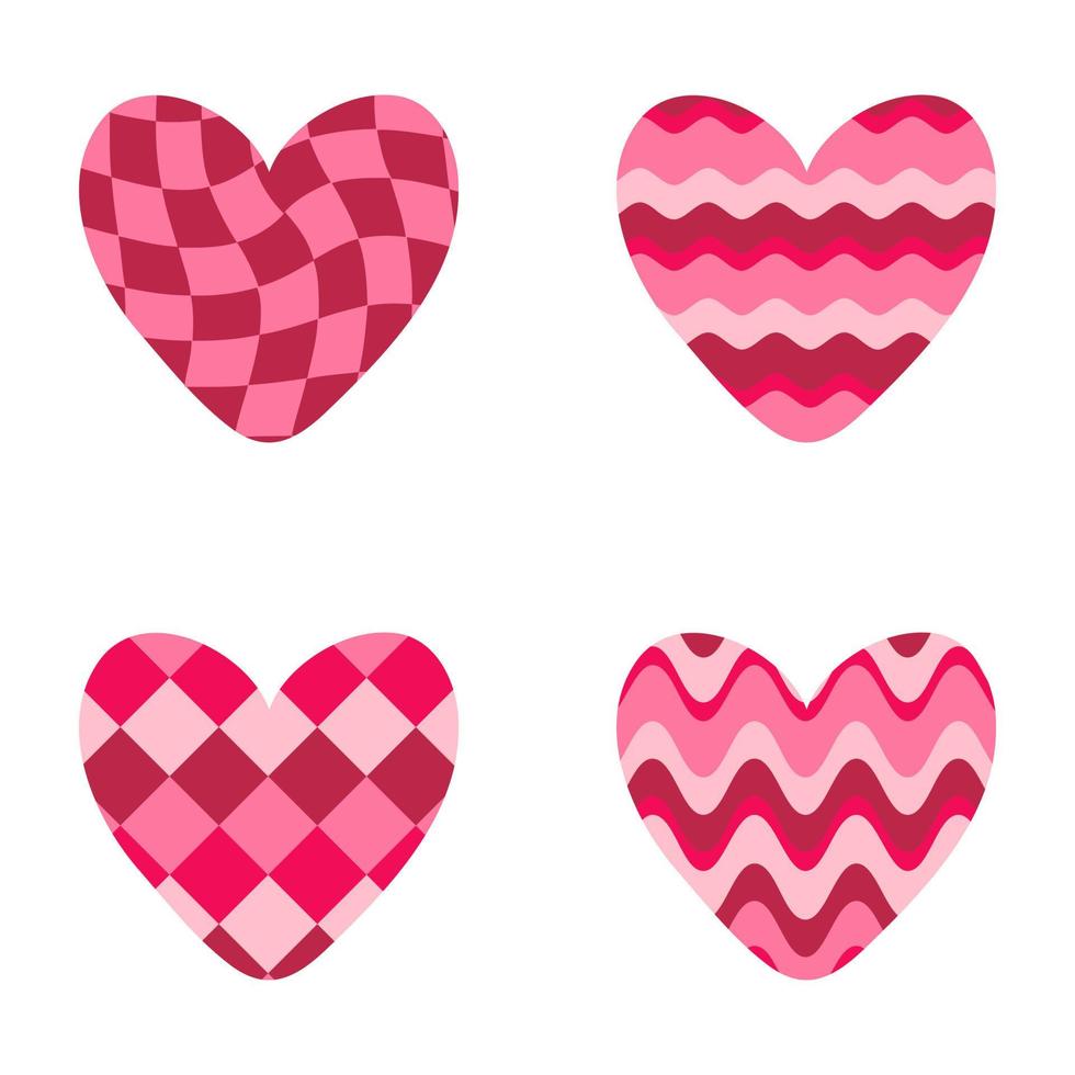 Retro style waved and checkered Valentine hearts collection. vector