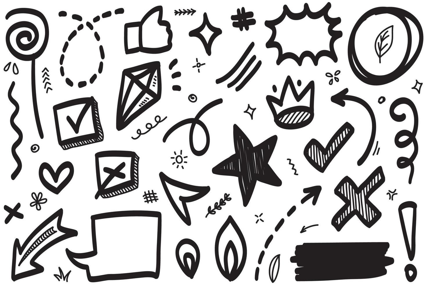 Abstract arrows, ribbons, fireworks, hearts, lightning,love , leaf, stars, cone, crowns and other elements in a hand drawn style for concept designs. Scribble illustration. vector