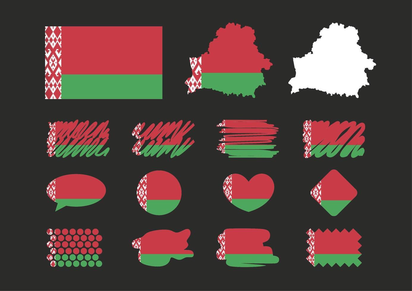 Hand drawn Belarus national emblems. Belarus flag, map, heart, rhombus, speak cloud, circle. vector