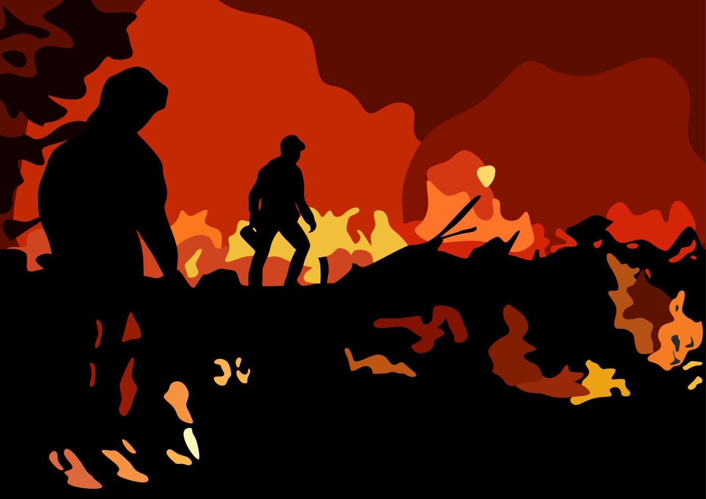 la lucha de los bomberos con el fuego en el bosque, el hombre extingue los incendios forestales en la madera nocturna con llamas furiosas. catástrofe de la naturaleza salvaje. paisaje. vector