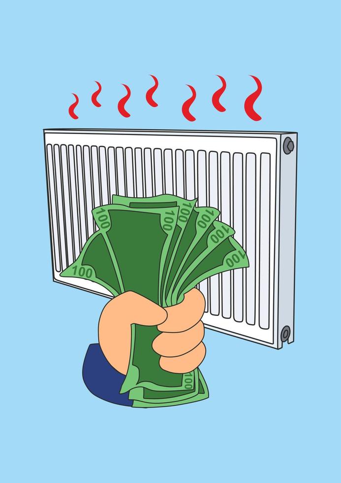 Hand with money. Expensive electricity. Heater. Winter time. Inflation and crisis. vector