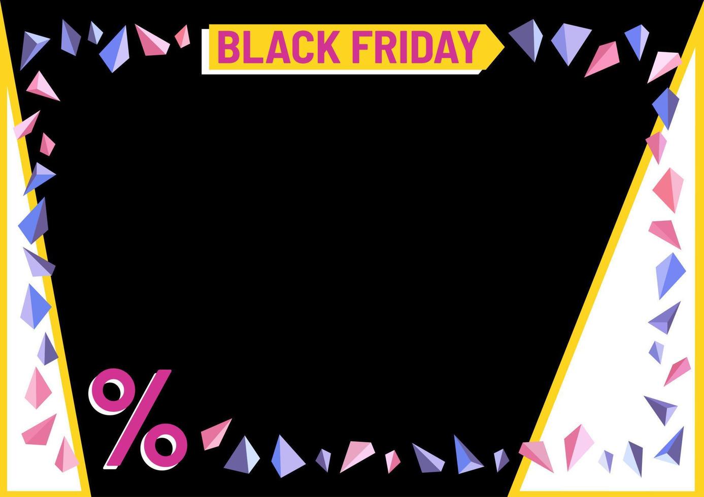 Black Friday banner. Percent's. Discount. Post, cover, advertising for web. Black, yellow, white, pink, violet colors. Frame or border. Triangles decoration. vector