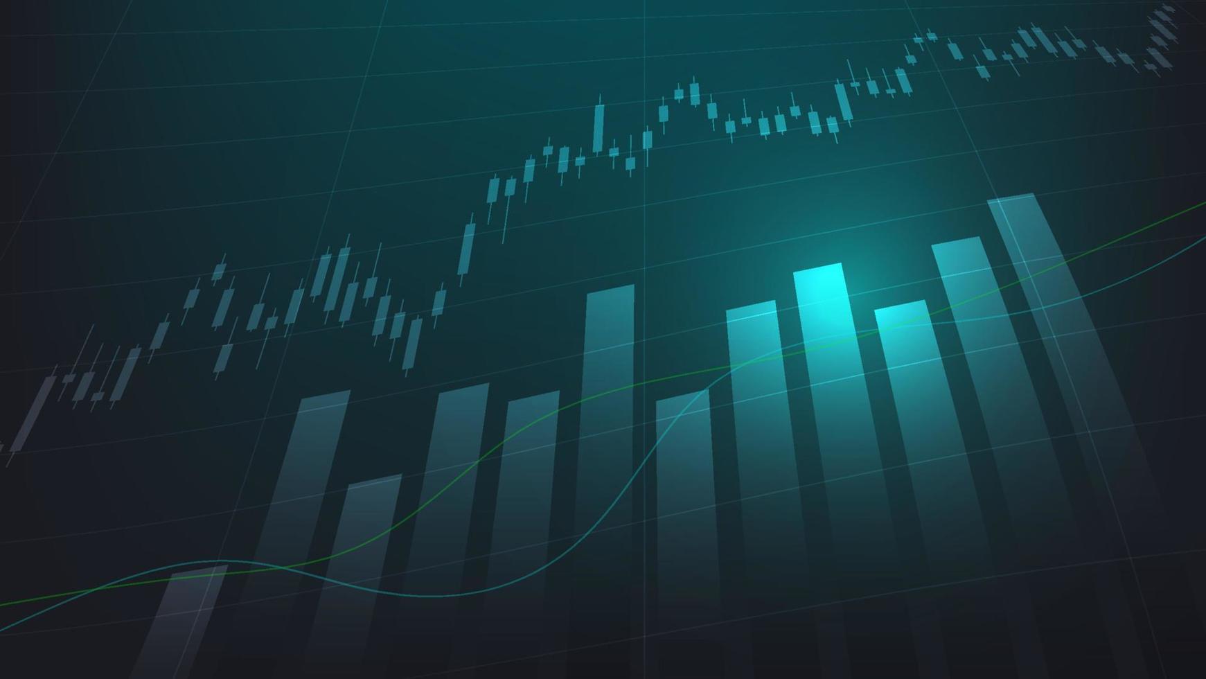 las estadísticas de negocios financieros con gráfico de barras y gráfico de velas muestran el precio del mercado de valores y las ganancias efectivas en un fondo verde oscuro vector