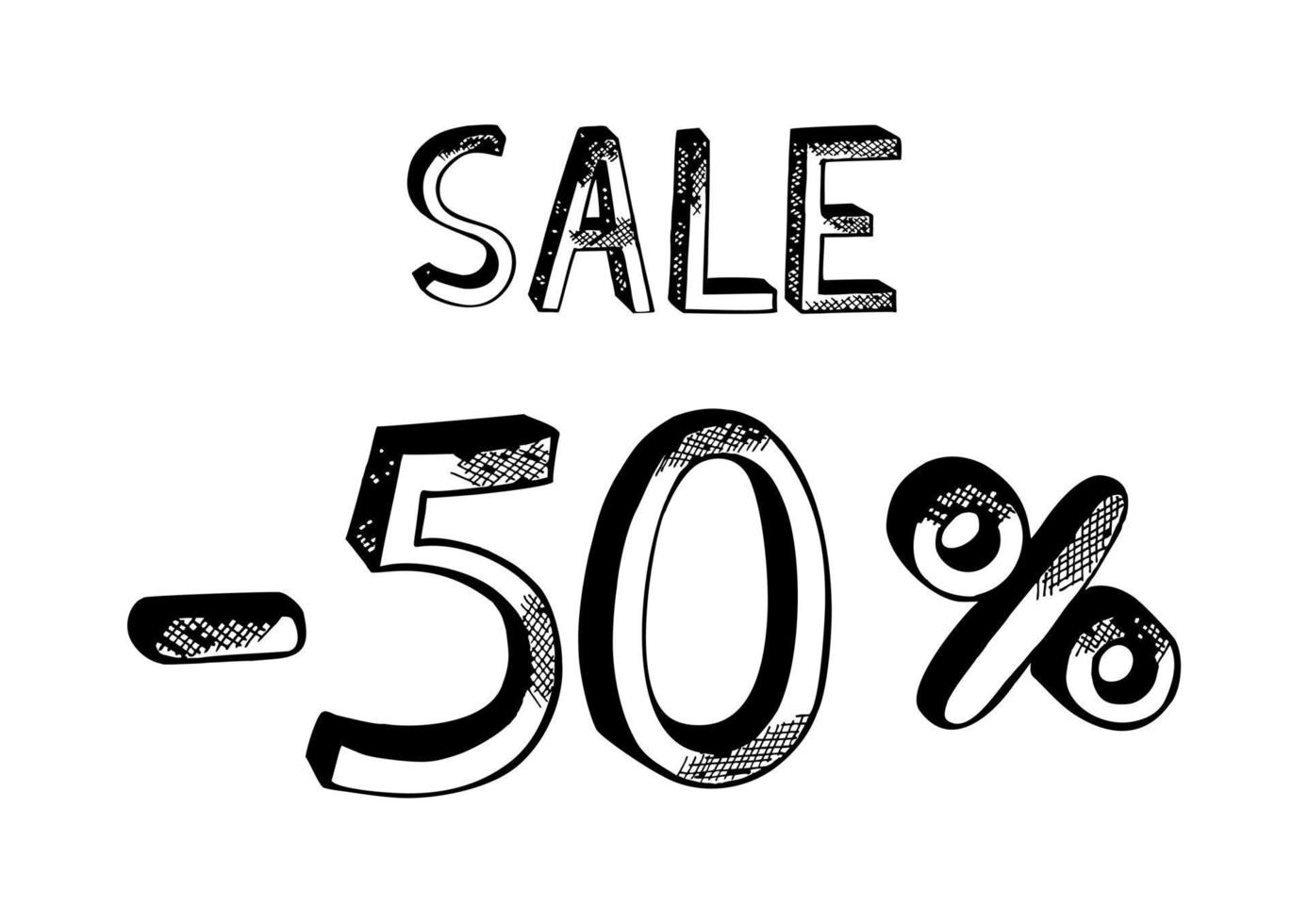 Hand drawn of sale 50 percent vector badge template. Doodle style. Black and white.