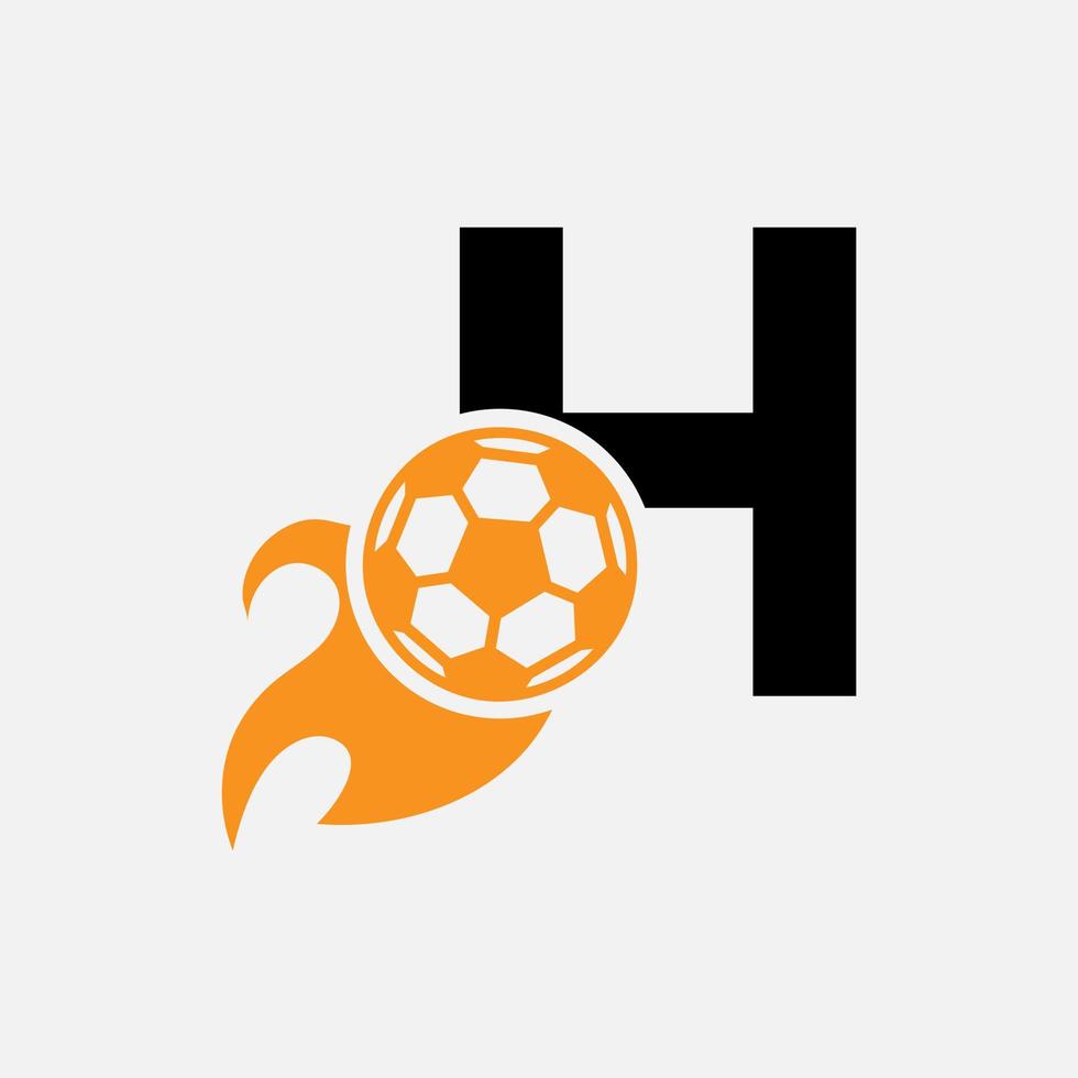 letra inicial h concepto de logotipo de fútbol con icono de fútbol en movimiento y símbolo de fuego. plantilla de vector de logotipo de fútbol