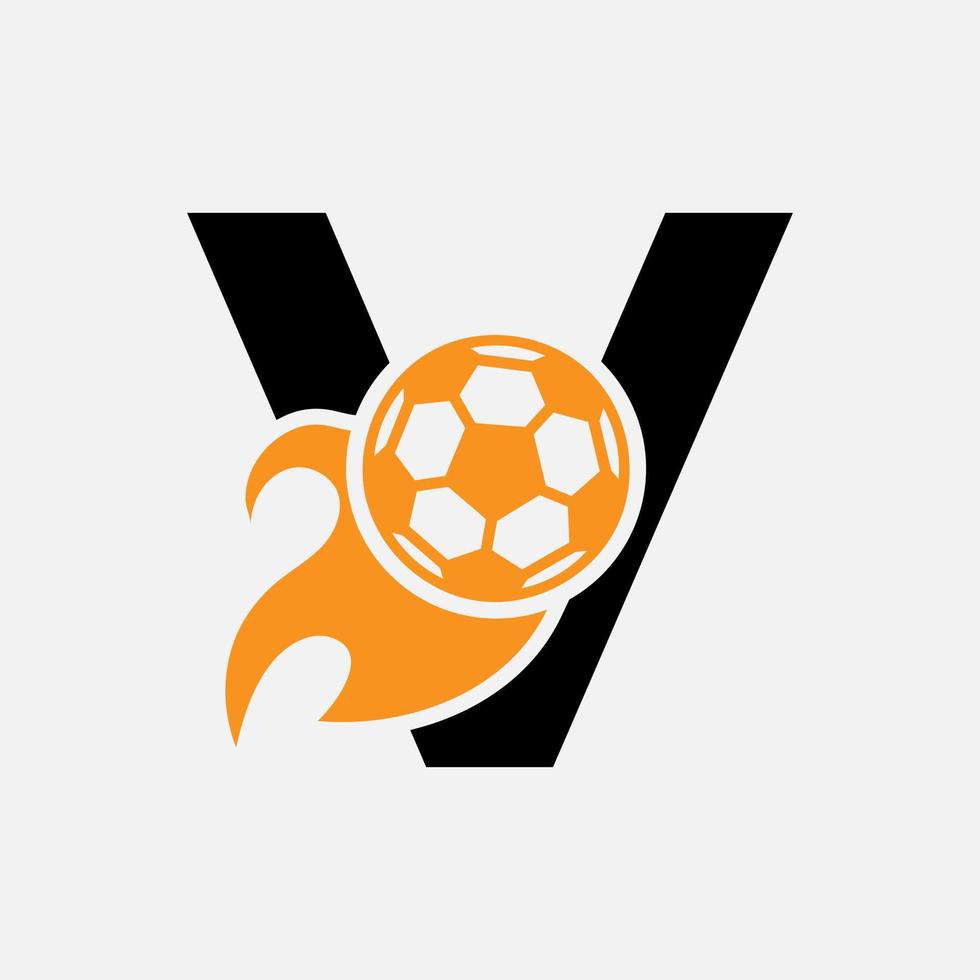 letra inicial v concepto de logotipo de fútbol con icono de fútbol en movimiento y símbolo de fuego. plantilla de vector de logotipo de fútbol