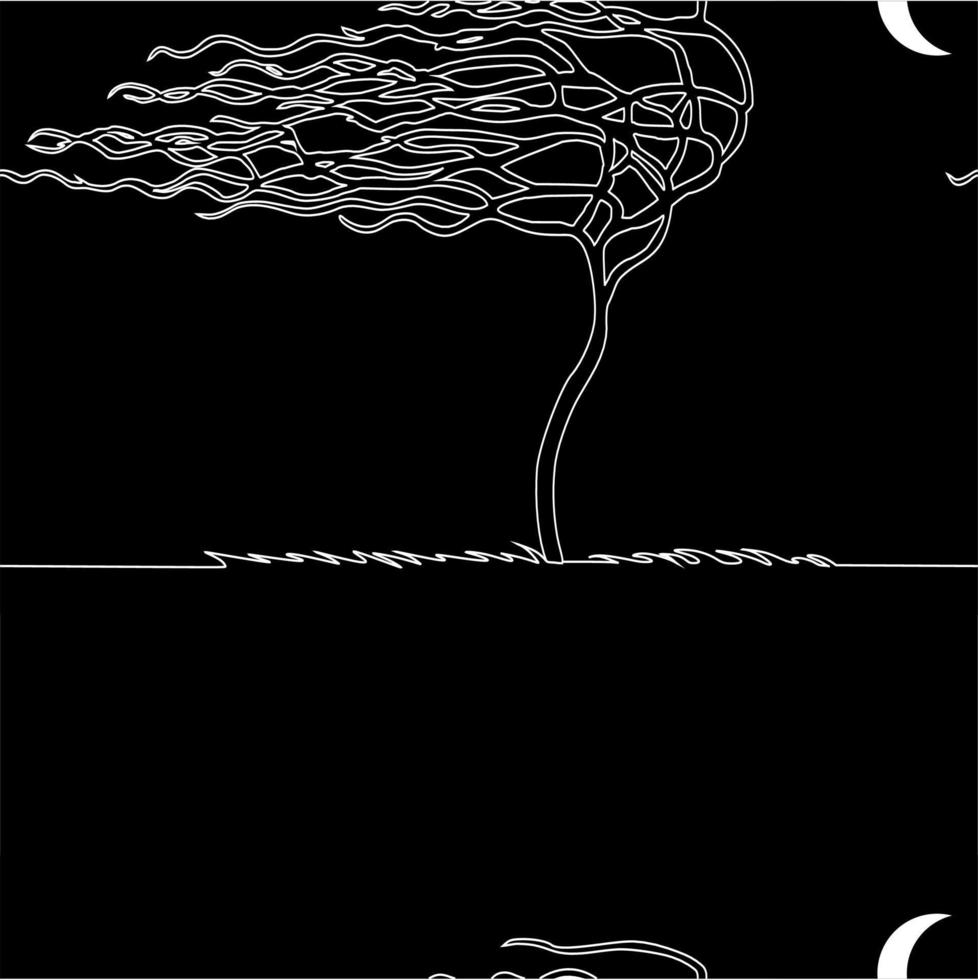 Tree wind wave seamless illustration. Black background. White moon silhouette. Hand drawn line grass. vector