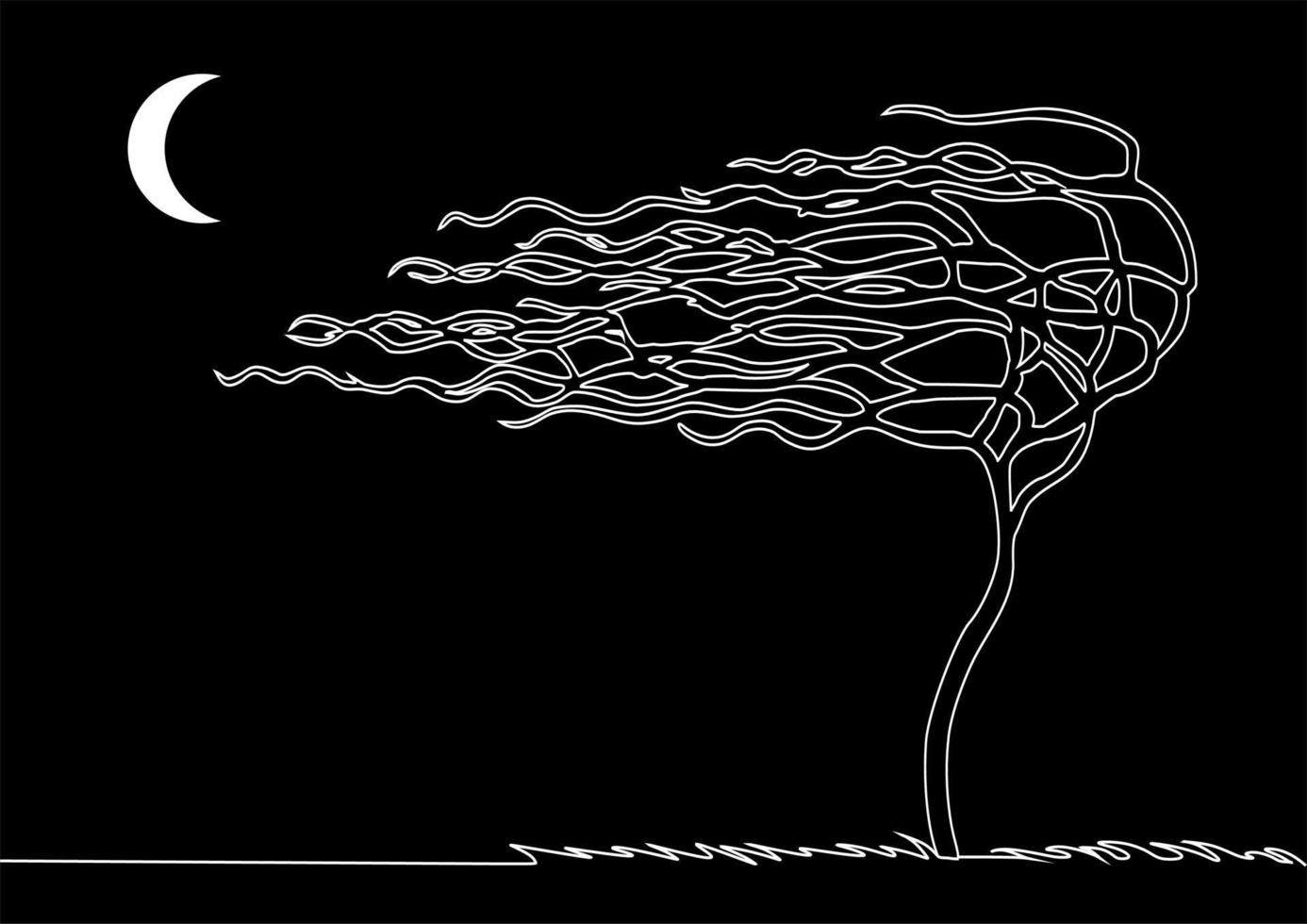 Tree wind wave illustration. Black background. White moon silhouette. Hand drawn line grass. vector