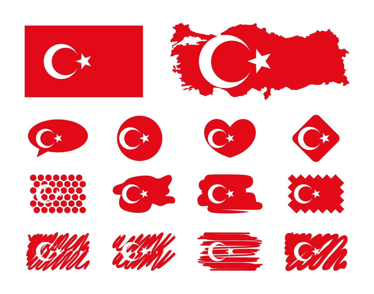 fourteen flat icons. Vector illustration set. Red, white colors. Map, flag, dots, speak cloud, square, rhombus, heart. Hand drawn.